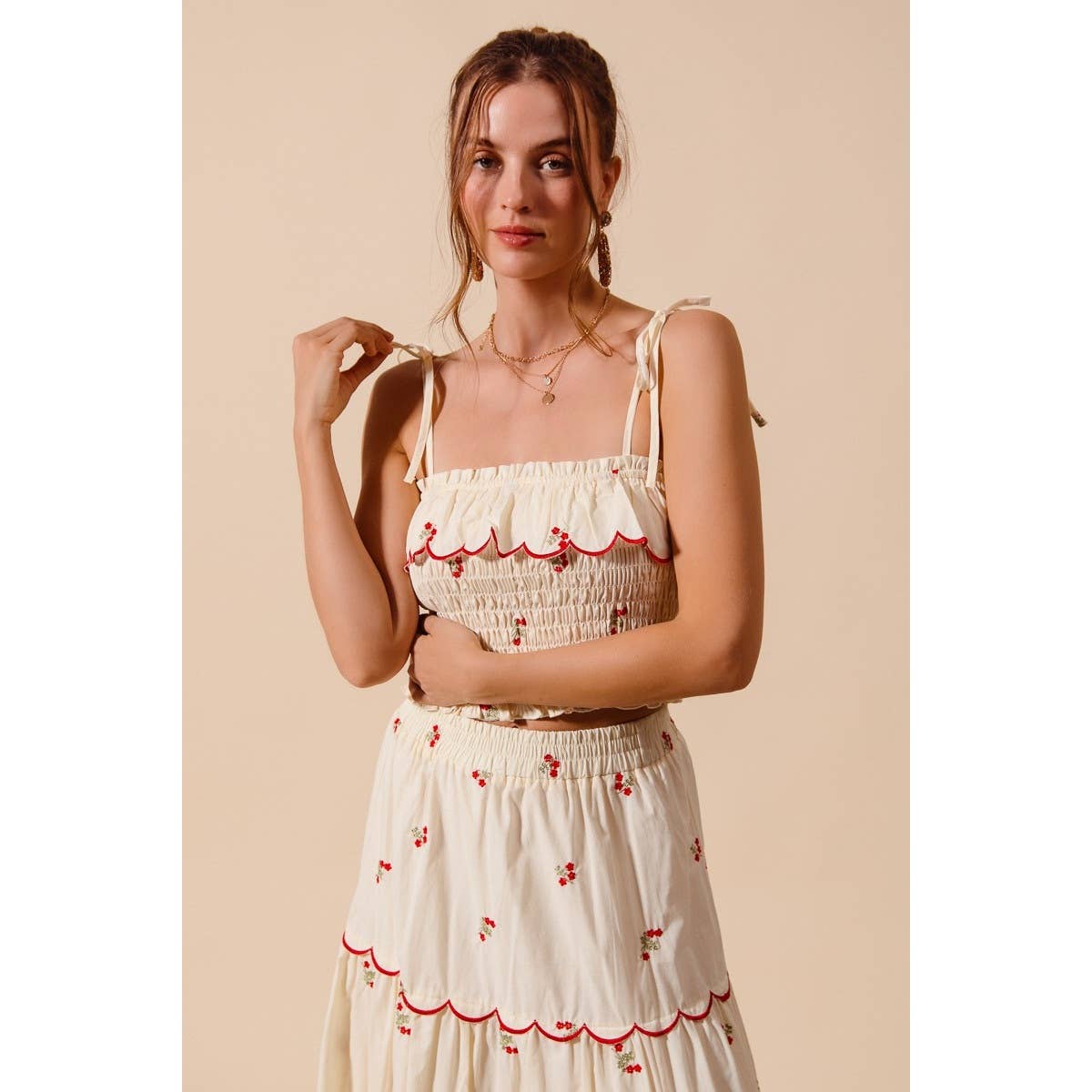 CREAM FLORAL EMBROIDERED SMOCKED TOP ELASTICIZED WAIST for wholesale on Faire8
