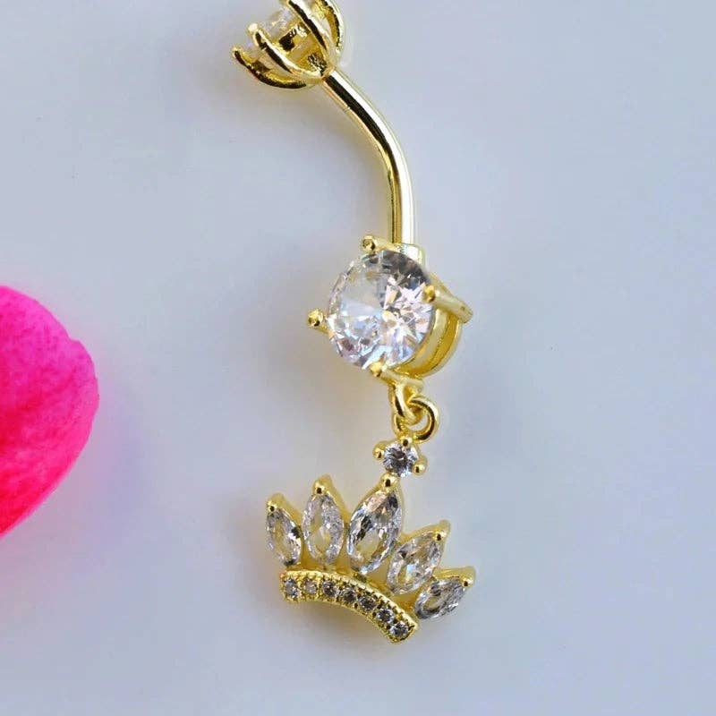 StockJWL - Wholesale Belly Ring - Princess Crown Belly Button Ring, Navel Piercing, Belly Button Piercing, Curved Barbell, Belly Piercing, Belly Bar, Belly Ring, Dangle3