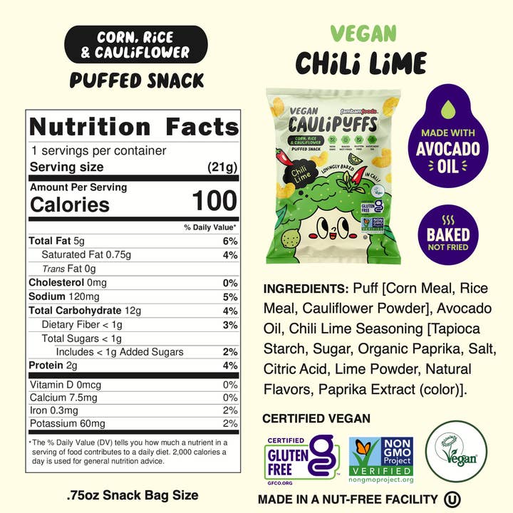 CauliPuffs - Wholesale Puffed Snack - CauliPuffs Vegan Chili Lime (45ct) Snack Packs (NEW!)