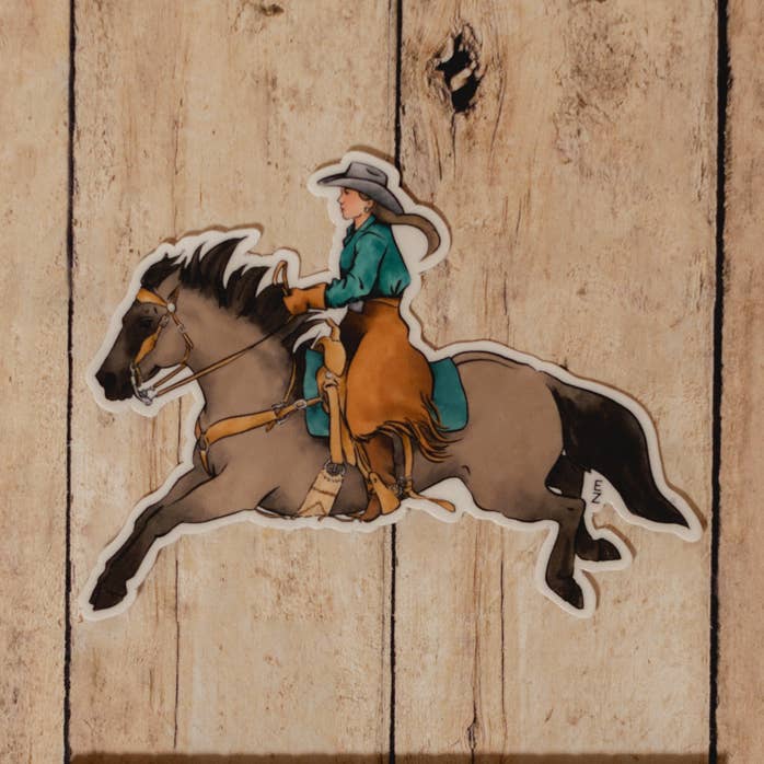 Autocollant Cowgirl et Grullo bondissant pour la vente par Western Rose Studios
