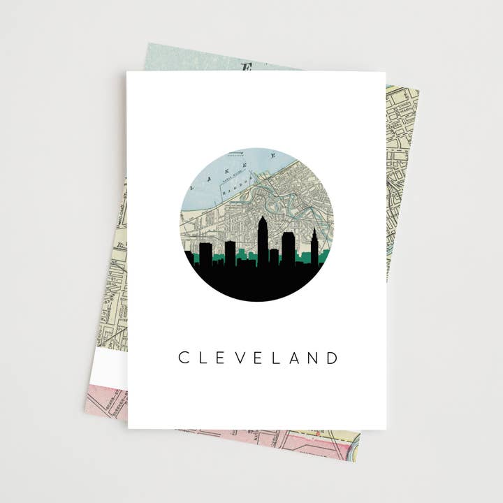 Paperfinch Design – wholesale Vardagliga hälsningskort – Cleveland Ohio skyline och karta gratulationskort0
