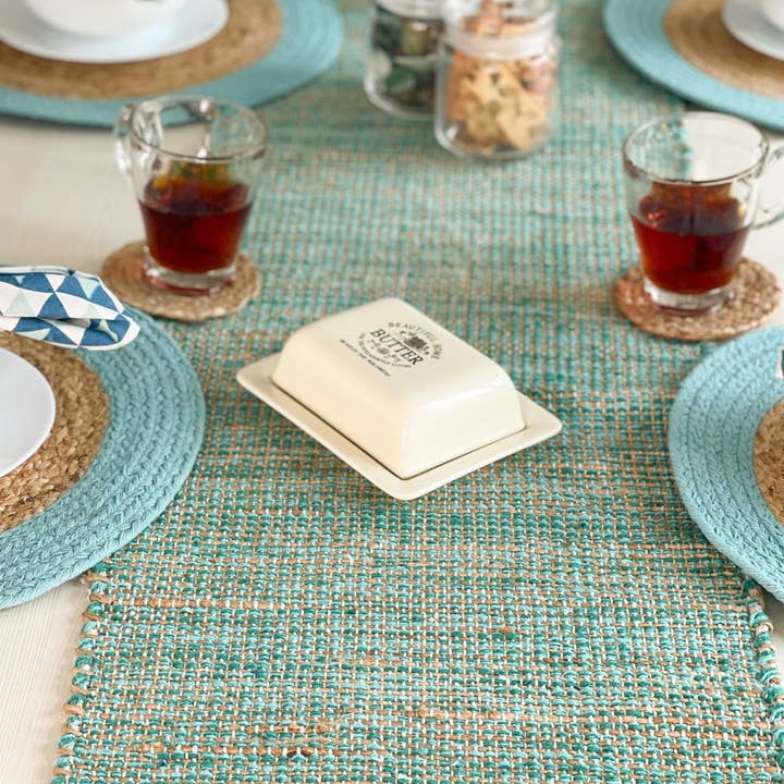 OMBRE TABLE RUNNER, NATURAL AQUA TURQUOISE, 13" x 72" for wholesale on Faire