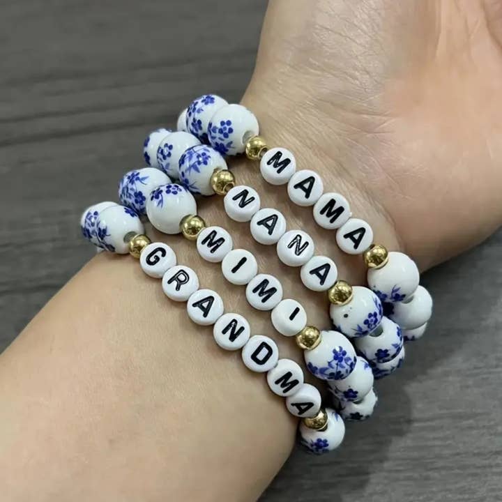 Our Home to Yours Candles & Gifts - Wholesale Beaded Bracelet - Blue White Beaded Bracelet Mimi, Mama, Nana, Grandma