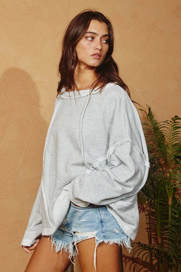 BUCKETLIST INC - Wholesale Sweatshirt - Women's - T1153-1 Oversized Solid Raw Edge Detail Long Sleeves Top24