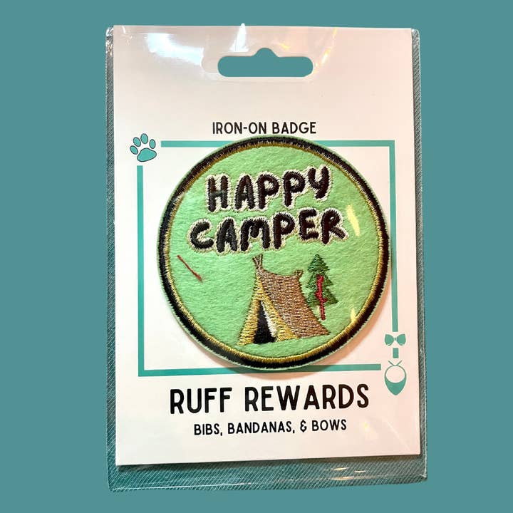 Ruff Rewards Happy Camper Iron-On Badge for wholesale by Bibs, Bandanas, & Bows