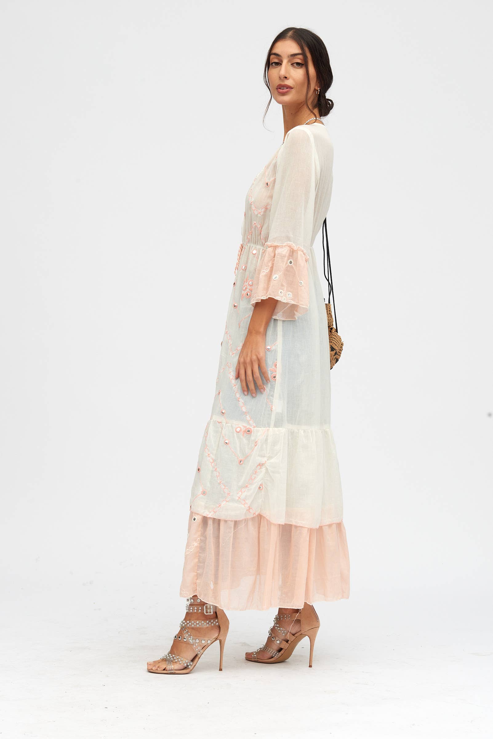 (ROSA - GRÖN AQUA - BEIGE) Lång kimono i 100 % bomull, handbroderad med små speglar för wholesale på Faire1