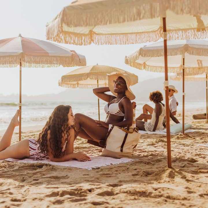 Beach State Summerland Beach Umbrella - Pink Salt Stripe for wholesale on Faire8