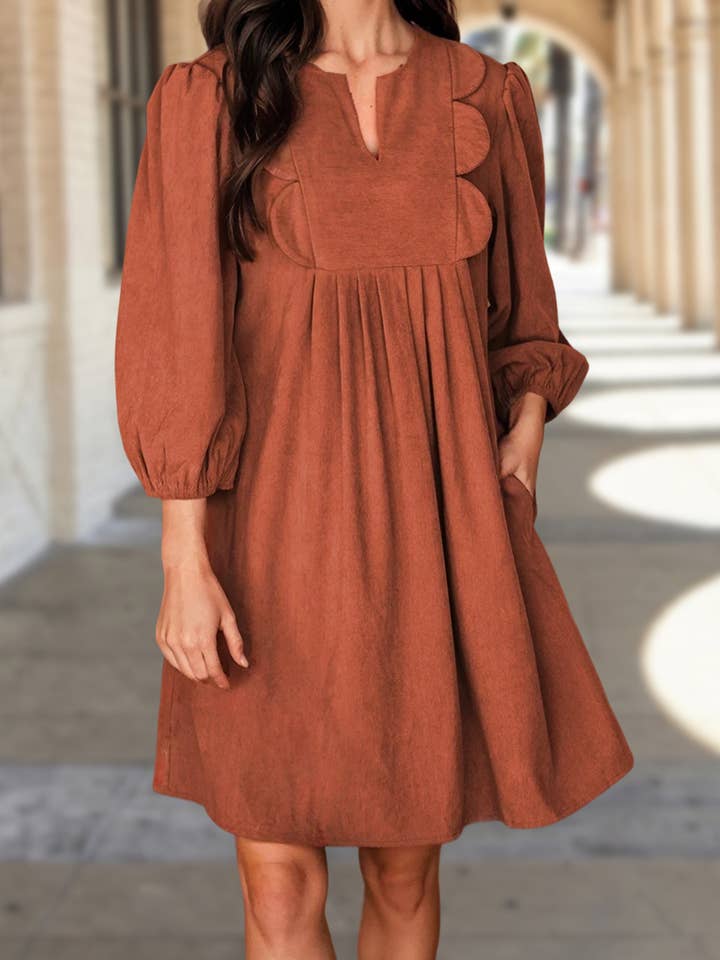 Corduroy Solid Pleat 3/4 Sleeve Mini Dress | S-XL for wholesale by Aapparella