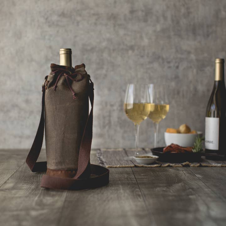 Khaki Green Waxed Canvas Single Bottle Insulated Tote Bag for wholesale on Faire