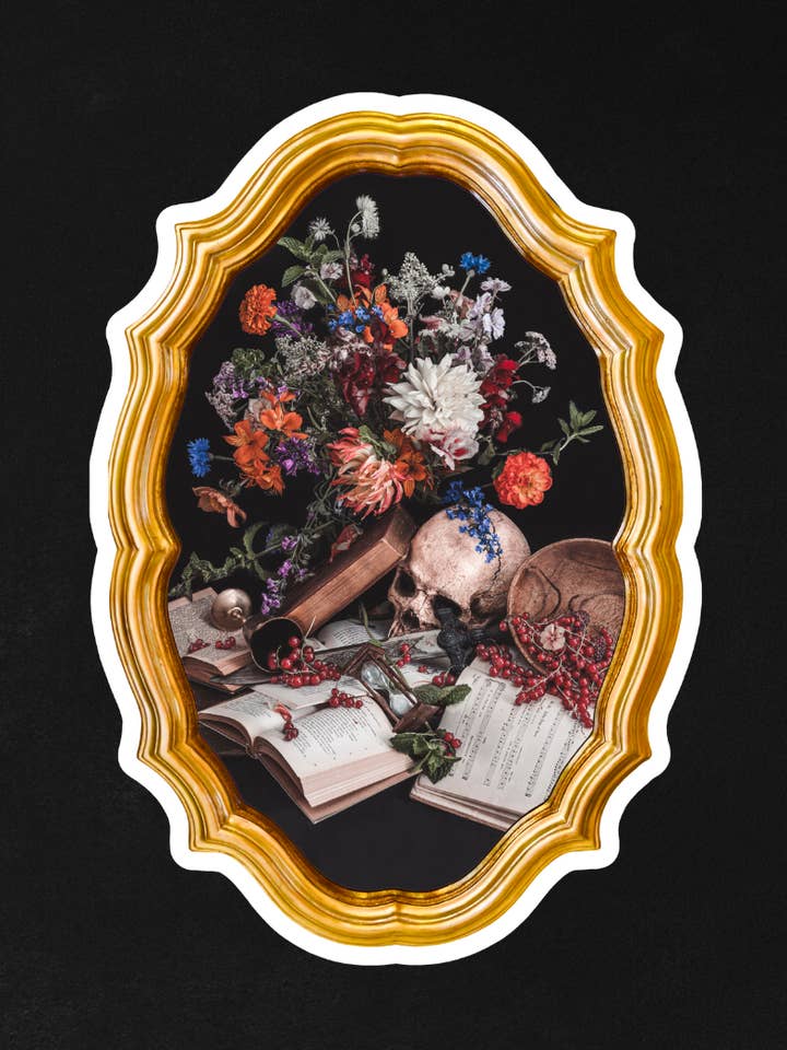 Caveat Emptor | Gold Foil Sticker| Dark Floral Still Life for wholesale by Alyssa Thorne