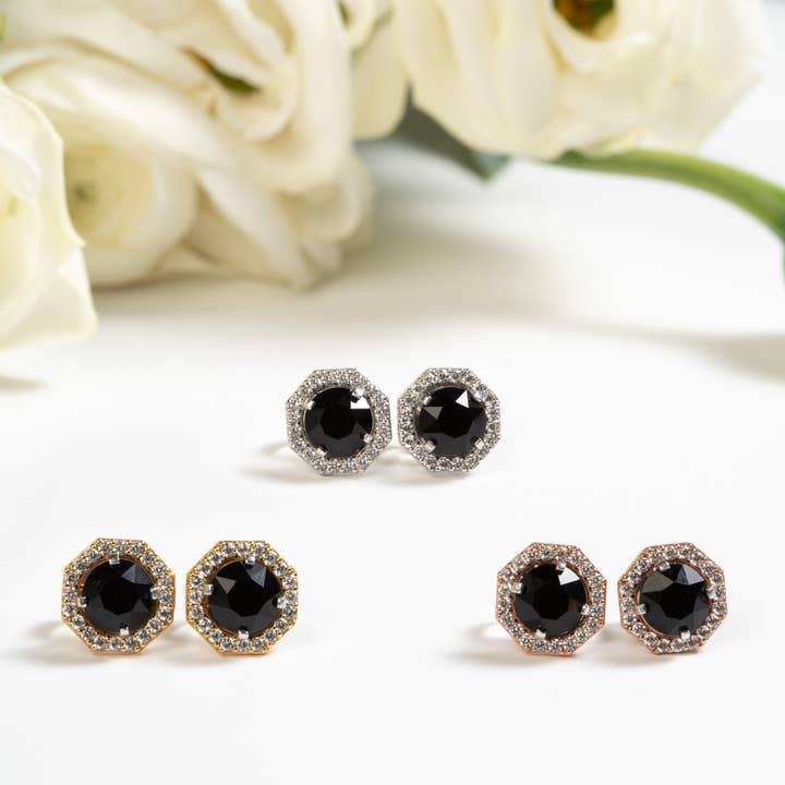Octagon Blooms (Rose Gold) with Onyx Crystal Studs for wholesale by Hillberg & Berk