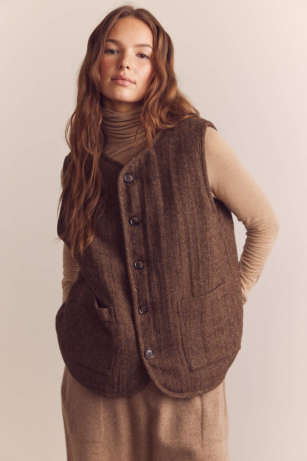 Mocha Brown Color block wool blend shepherd reversible vest  for wholesale on Faire5