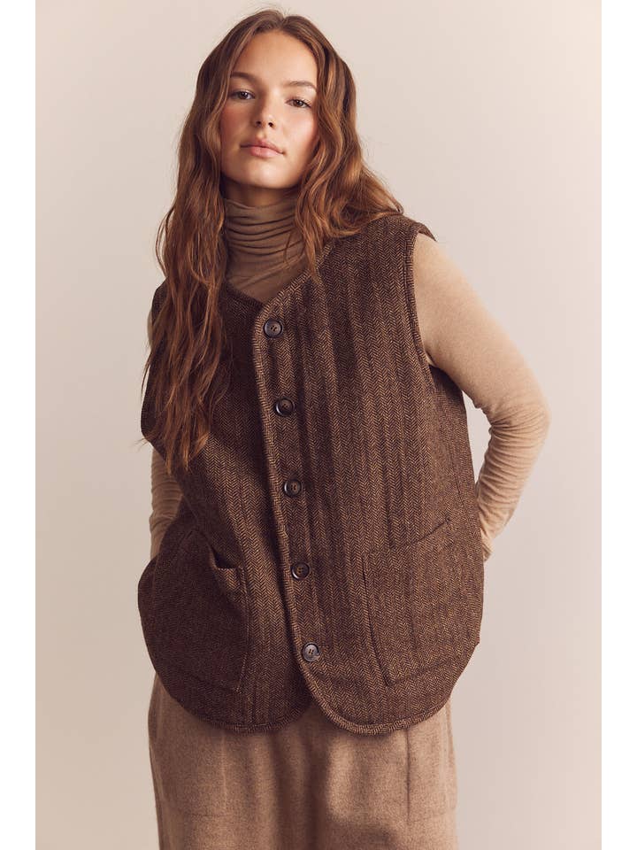 Mocha Brown Color block wool blend shepherd reversible vest for wholesale on Faire5
