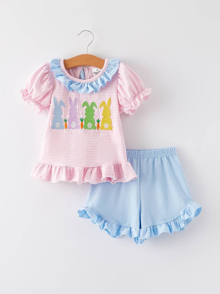 Easter Bunny Embroidery Girls Pink Stripe Outfit for wholesale by Rylee Faith Designs
