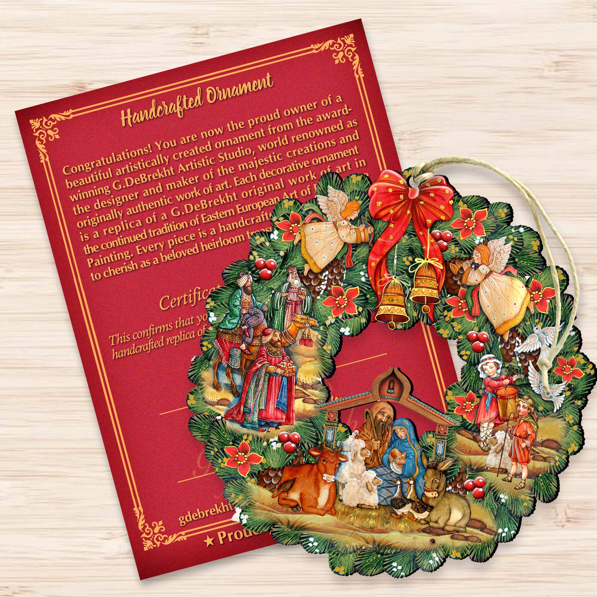 Designocracy - Wholesale Ornament - Nativity Wreath Wood Ornament G.DeBrekht Inspirational3