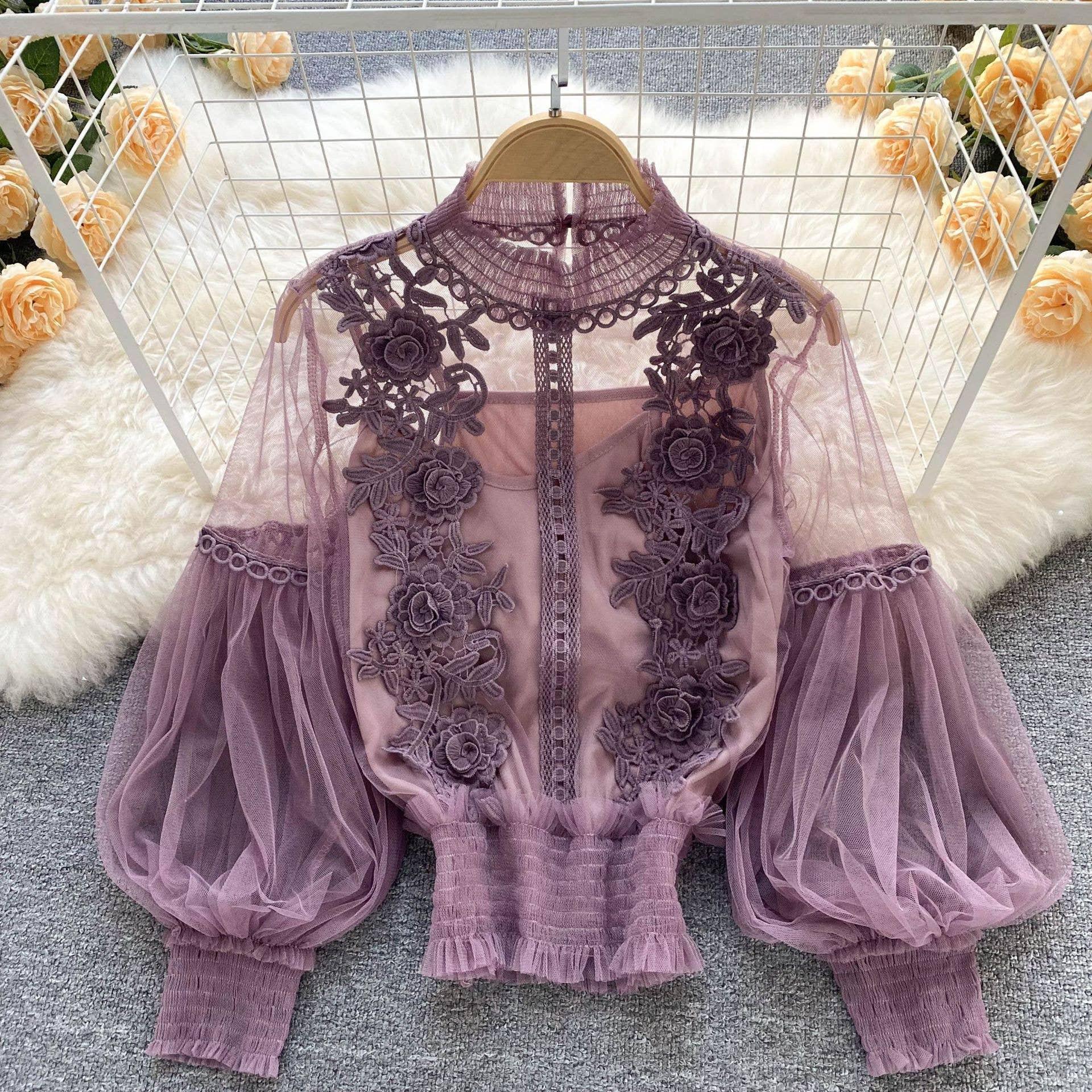 Rosa Clothing - Wholesale Blouse - Women's - Vintage Sheer Balloon Sleeve Floral Mesh 2 Pcs Top 9 Colors10