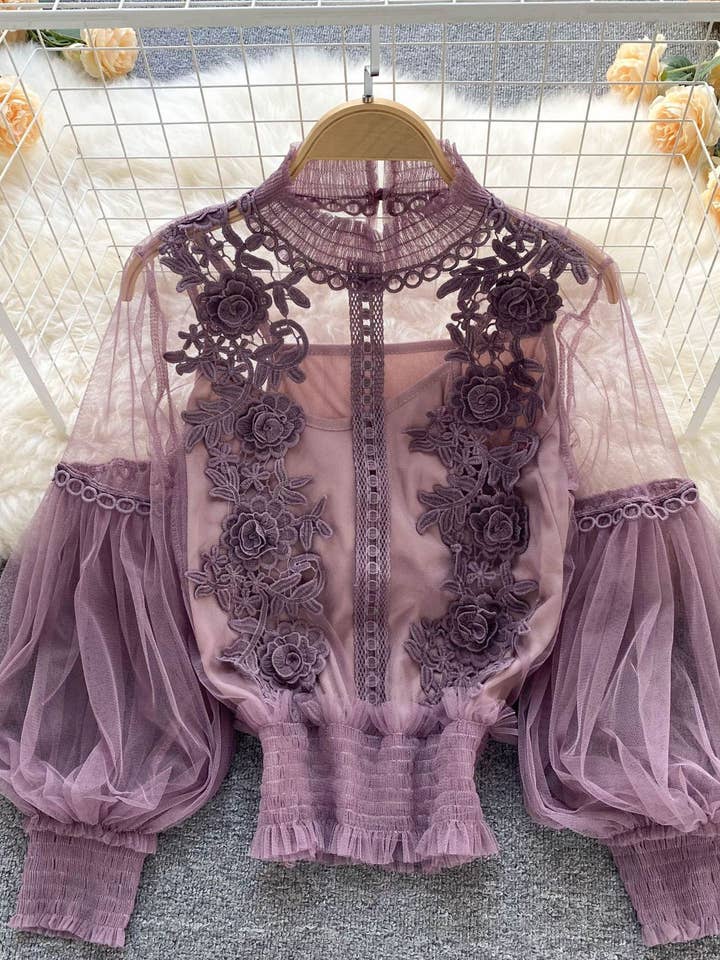 Vintage Sheer Balloon Sleeve Floral Mesh 2 Pcs Top 9 Colors and other Purchase Wholesale 2 pc. Free Returns & Net 60 Terms on Faire trending on Faire.