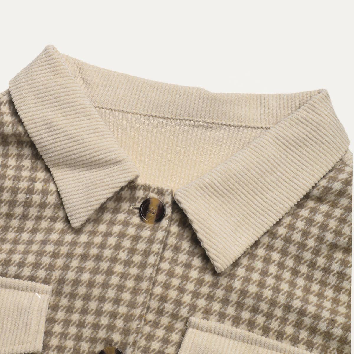 Beige Multi Popular Corduroy Houndstooth Splicing Button-Up Crop Jacket for wholesale on Faire2