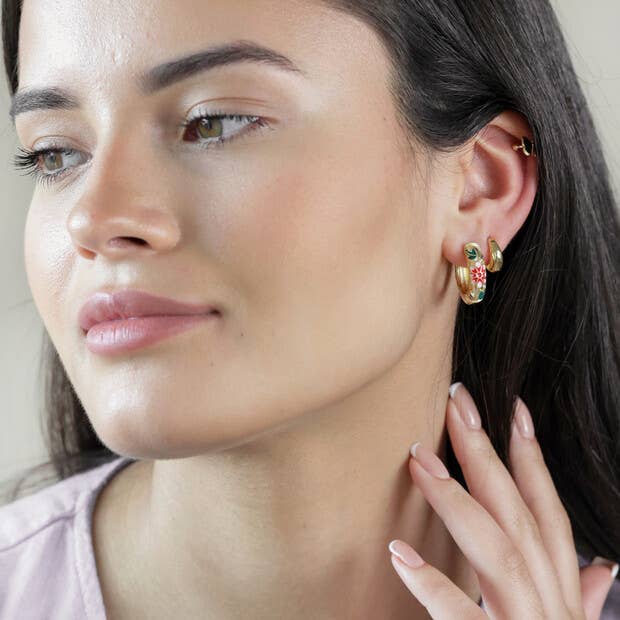 Lisa Angel - Wholesale Huggie Earrings - Pink Cloisonné Hoop Earrings in Gold2