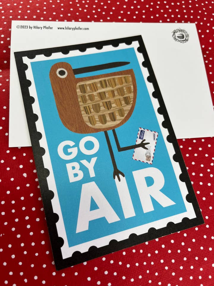 Go By Air! Mail Art Bird Postcard for wholesale by Bunny with a Toolbelt