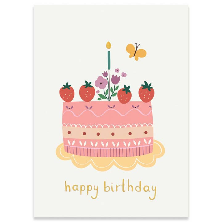 STRAWBERRY CAKE BIRTHDAY GREETING CARD 4.5 x 6.25" for wholesale by Calypso Cards LLC