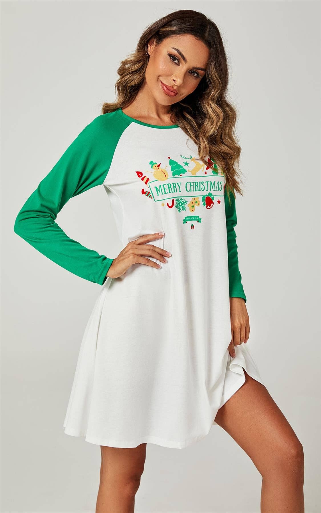 FS Collection – wholesale Nightgown – Women’s – Christmas Nightgown Holiday Sleepwear Mini Dress In White & Green3