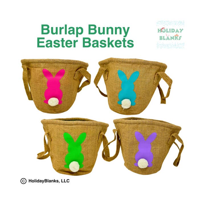 Holiday Blanks - Wholesale Basket - Burlap Easter basket embroidery blanks with puffy tailed bun