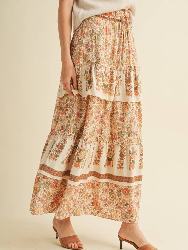 &MERCI - Wholesale Skirt - Women's - RUFFLE TIERED BORDER PRINT MIDI SKIRT MSK41664