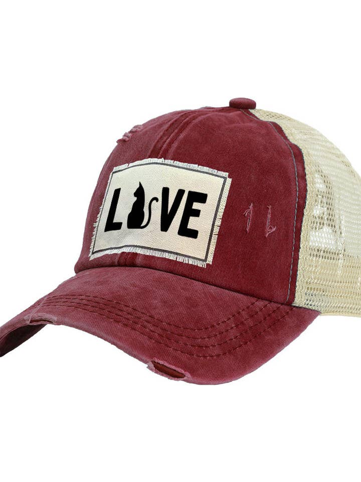 Love Cat Vintage Distressed Trucker Adult Hat for wholesale by BRIEF INSANITY