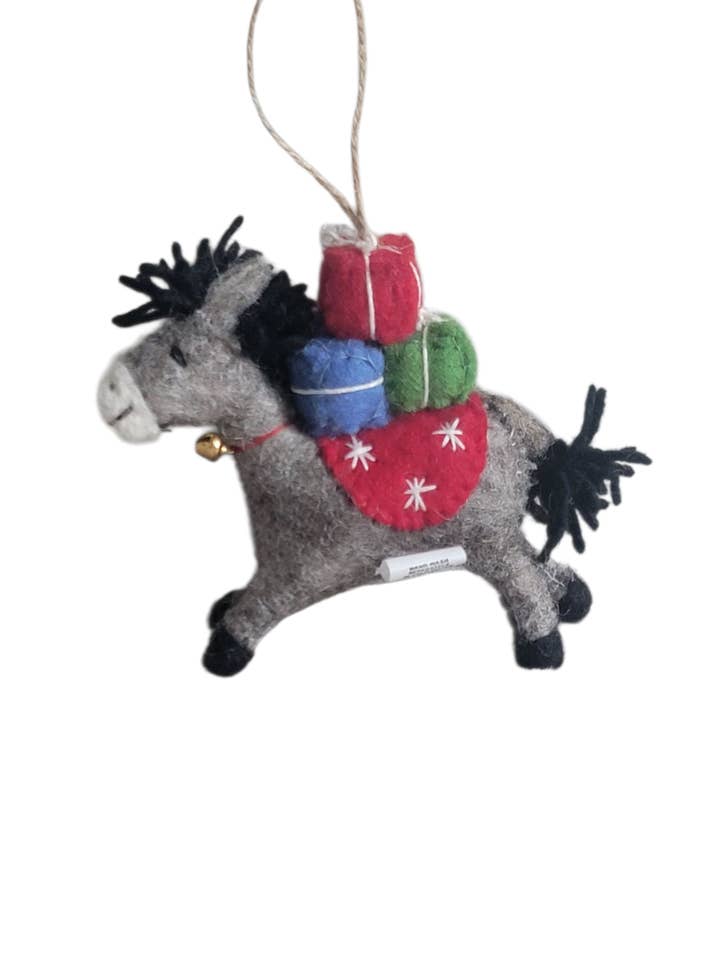 ORN806 - Felt Christmas Ornament-Donkey Carrying Presents for wholesale by Evergreen Guardian Imports