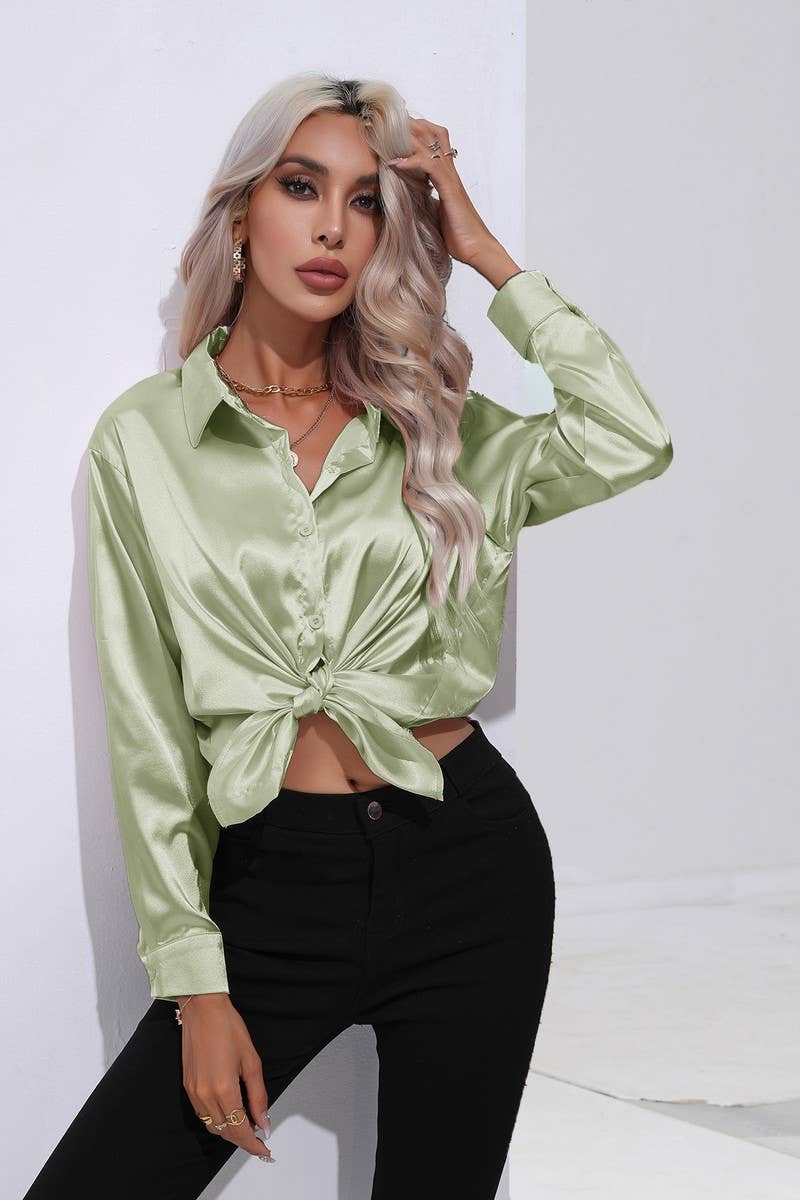NINEXIS - Wholesale Button Down Shirt - Women's - CWTBLL0690_Button Down Silky Satin Long Sleeve Top65