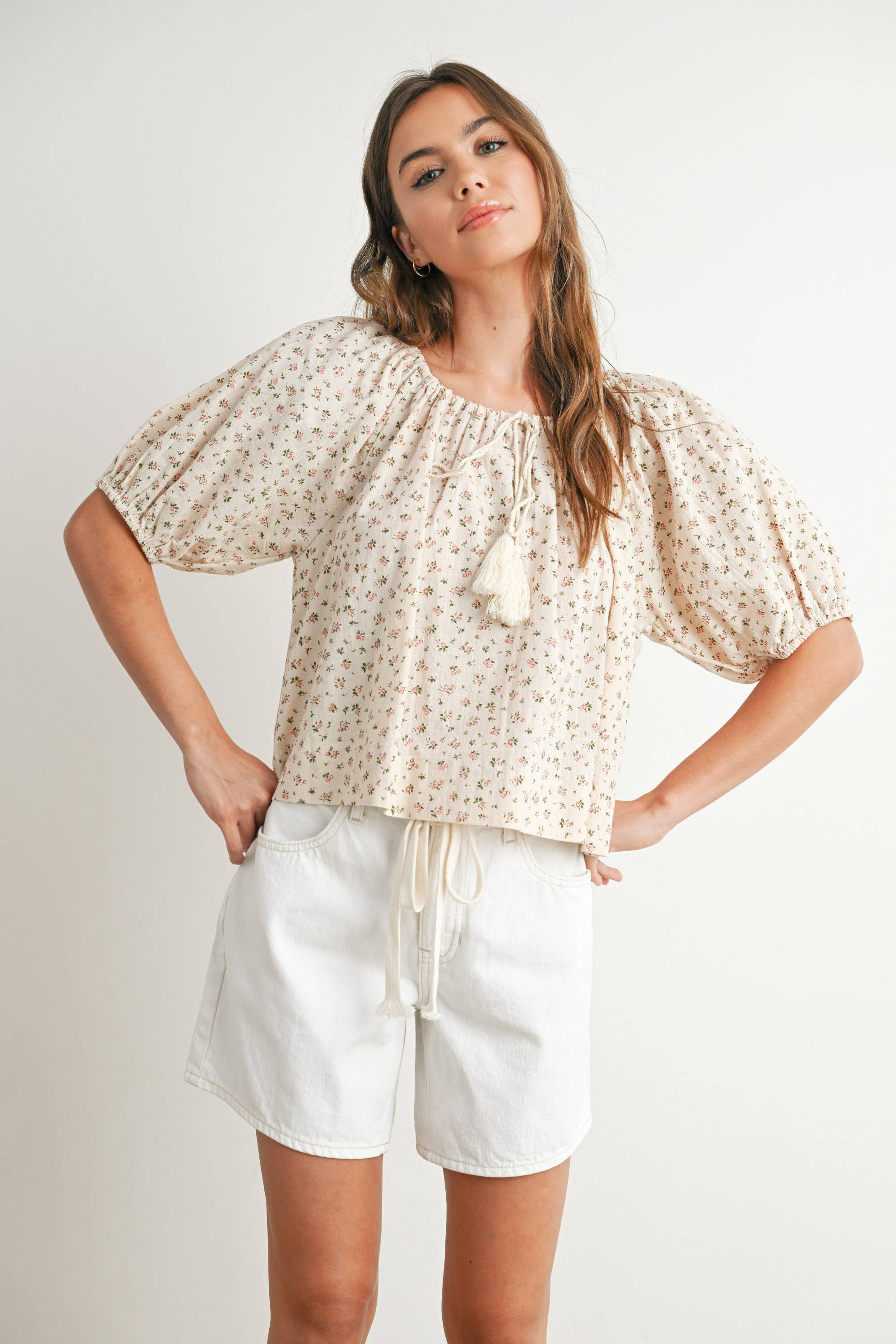 BUTTERMELON - Wholesale Blouse - Women's - Floral Puff Sleeve Top - BMT768715