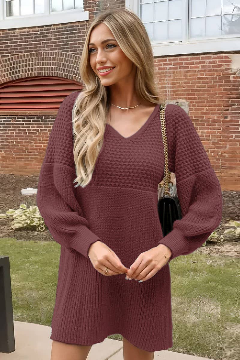 NINEXIS - Vente Robe – femme - ROBE PULL TRICOTÉE À MANCHES BOUFFANTES ET COL EN V CWDSD109518