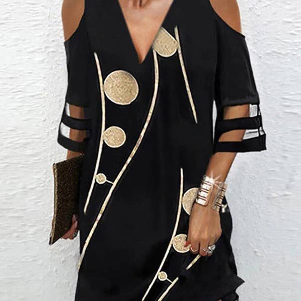 Half Sleeves Loose Hollow Mesh Polka-Dot Printed Split-Joint V-Neck Mini Dresses for wholesale by Sheer Trend