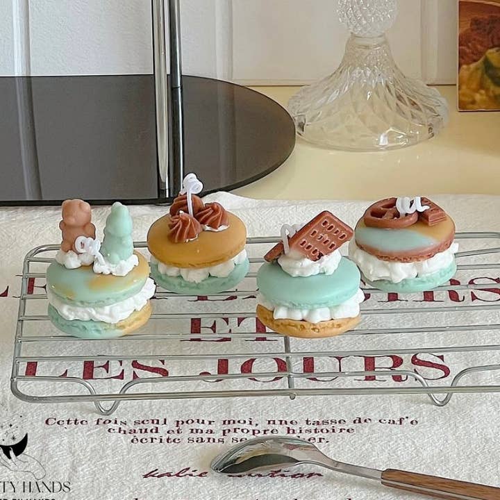 Five Decorated Macaron Candles | Handmade Soy Candle for wholesale by Pretty Hands