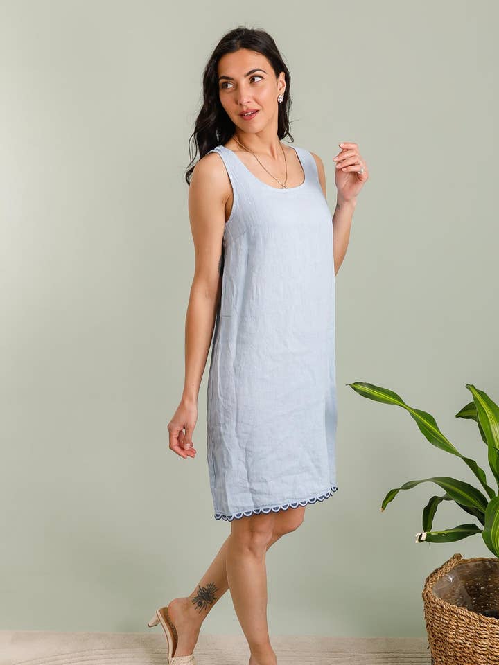 Mid-length dress with square neckline and navy embroidery detail for wholesale by NAÏS PARIS