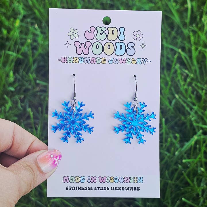Jedi Woods LLC - Wholesale Dangle Earrings - Blue Mirror Snowflake Earrings 0