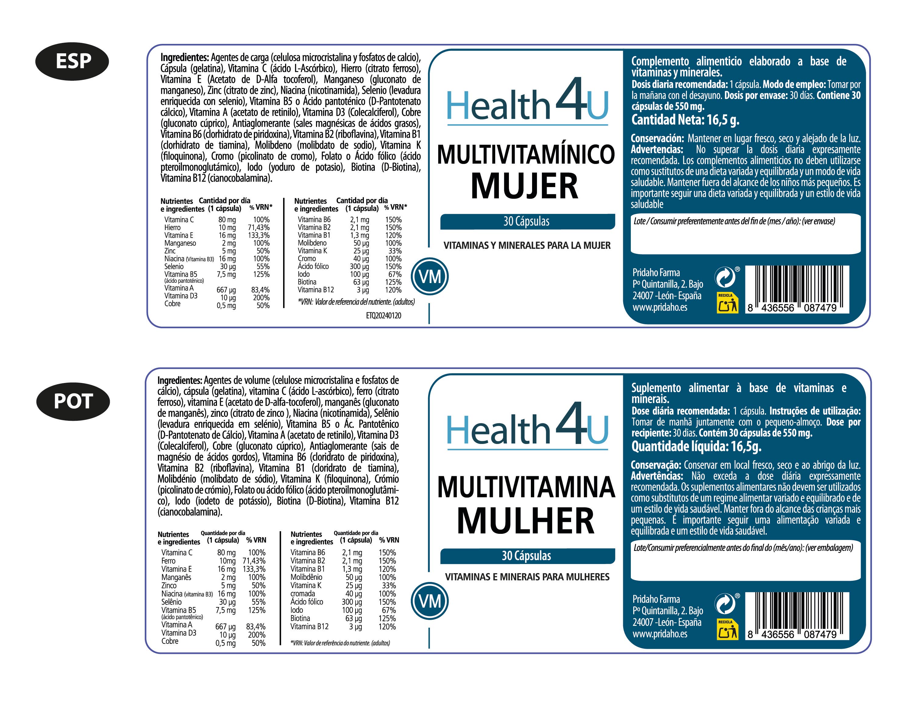 Pridahofarma - Wholesale Oral Supplement/Vitamin - H4U Multivitamin for Women 30 Capsules1