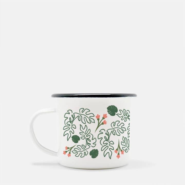 Monstera Leaves and Flowers Camp mok 10 oz. (zwarte rand), cadeau voor plantenliefhebbers, kleine winkelmok, koffie en thee voor wholesale door Fiddles & Fern
