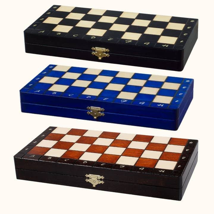 Jeu d'échecs pliable magnétique – Bleu/Noir/Marron – 28 cm pour la vente par Schackmatt.se