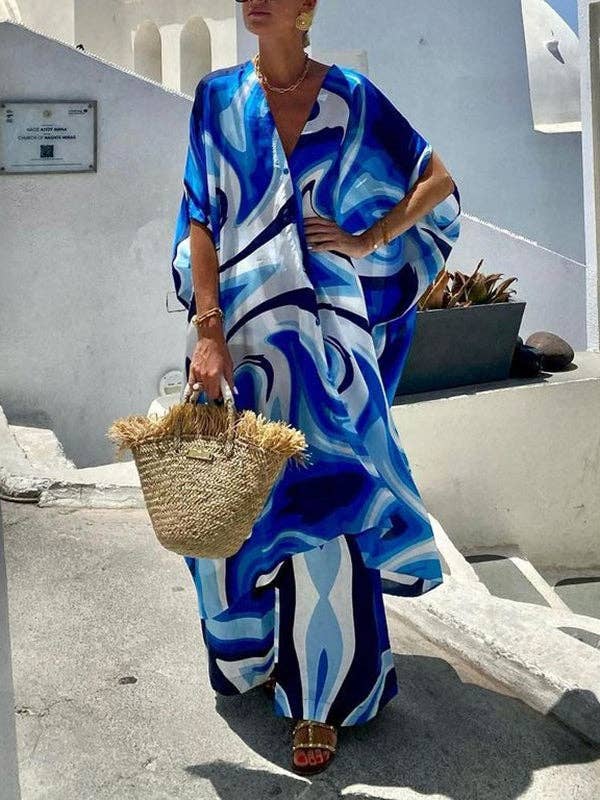 AZUL Vestido maxi con botones y estampado de murciélago y cuello en V de venta al por mayor en Faire1