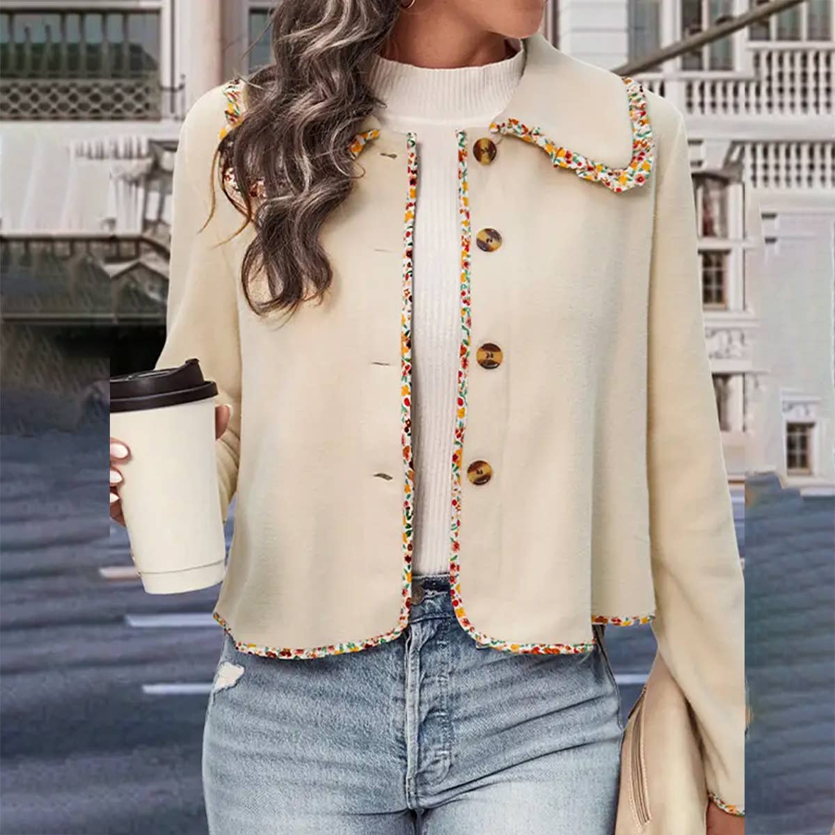 APRICOT WOMEN STYLISH JACKET TRIMMED WITH LACES_CWOJA0547 for wholesale on Faire0