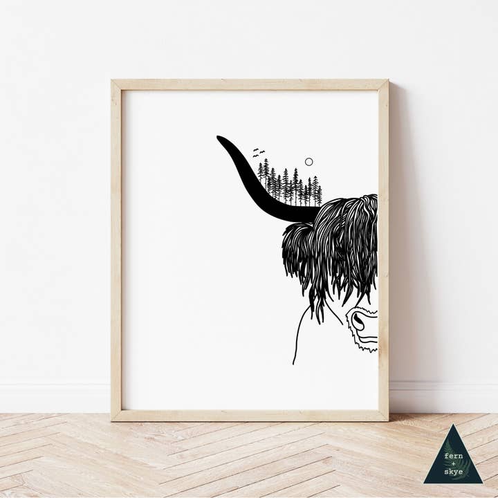 Highland Cow Forest Art Print for wholesale by Fern and Skye