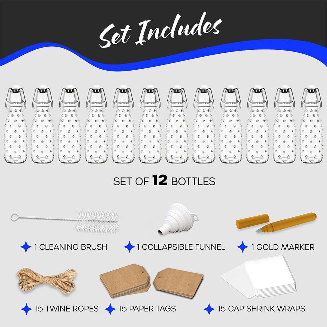 Nevlers - Wholesale Jar - Nevlers 8.5 oz Dotted Swing Top Bottles (Pack of 12) | Includes Funnel, Brush, Tags and Shrink Wrap8