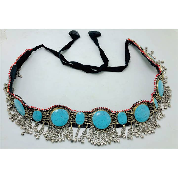 vintarust - Wholesale Riem - Dames - Afghan Kuchi Turquoise Stenen Buikriem met zilveren bellen