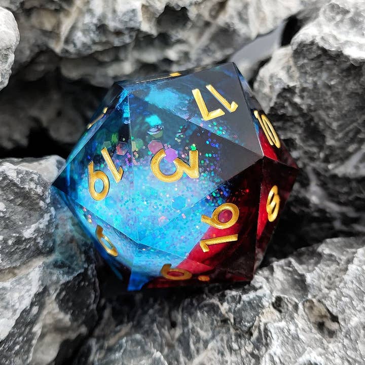 Dawnfire Spark | 33mm D20 Dice | Oversized Liquid Core for wholesale by Tabletop Dominion Limited