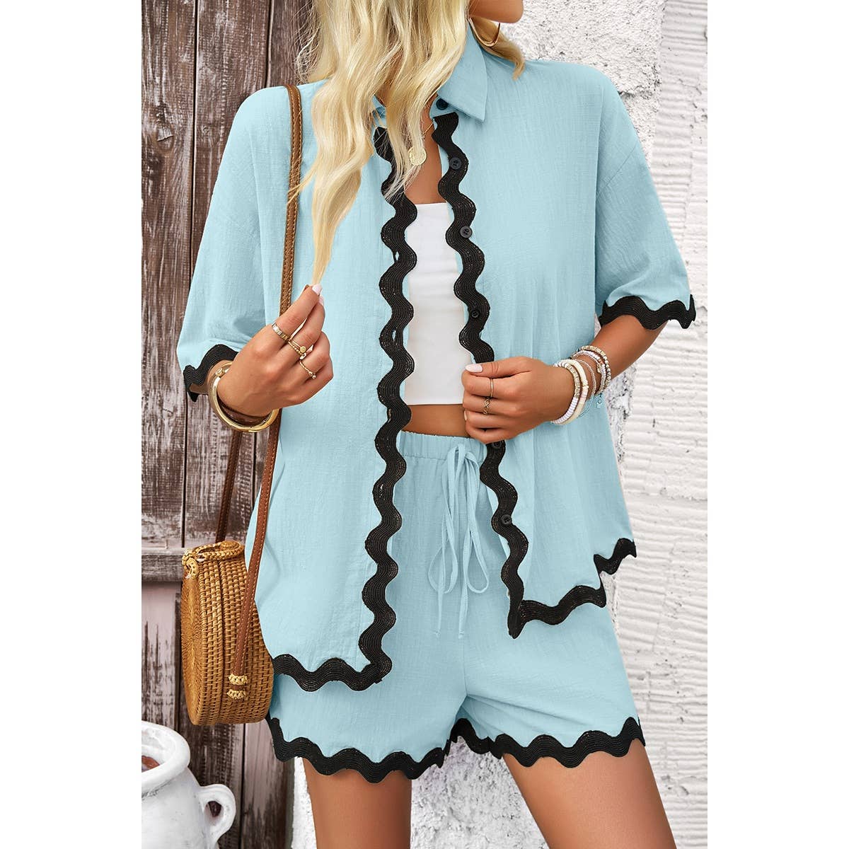 FUCHSIA Bølge Interlaced Linned Løs Pasform Shorts Sæt for engroshandel på Faire3