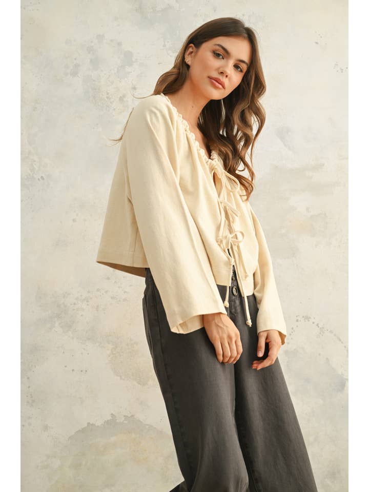 MIOU MUSE - Venta al por mayor Cárdigan - Mujer - J5020 CÁRDIGAN CON LAZO DELANTERO DE MEZCLA DE LINO1