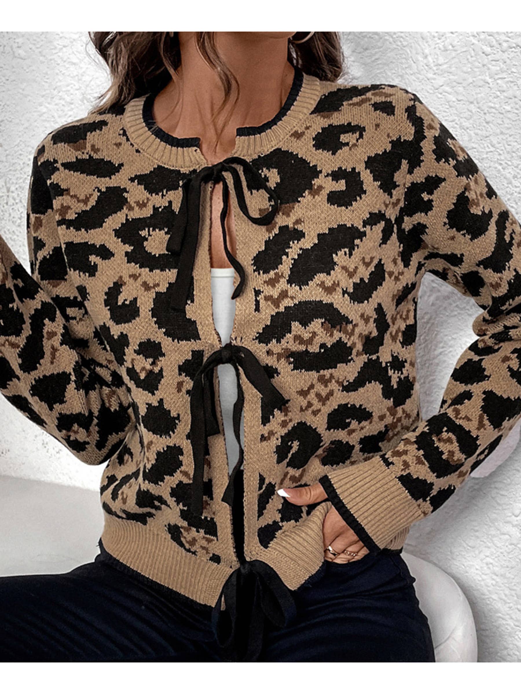 Brown Leopard Print Butterfly Tie Tied Knit Sweater for wholesale on Faire0