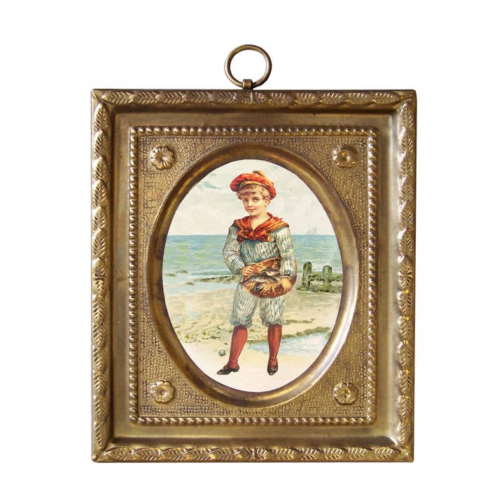 Boy with Basket of Fish Vintage Print in Brass Frame, 4-1/2” for wholesale by Madison Bay Co. - Historical Home Decor Reproductions